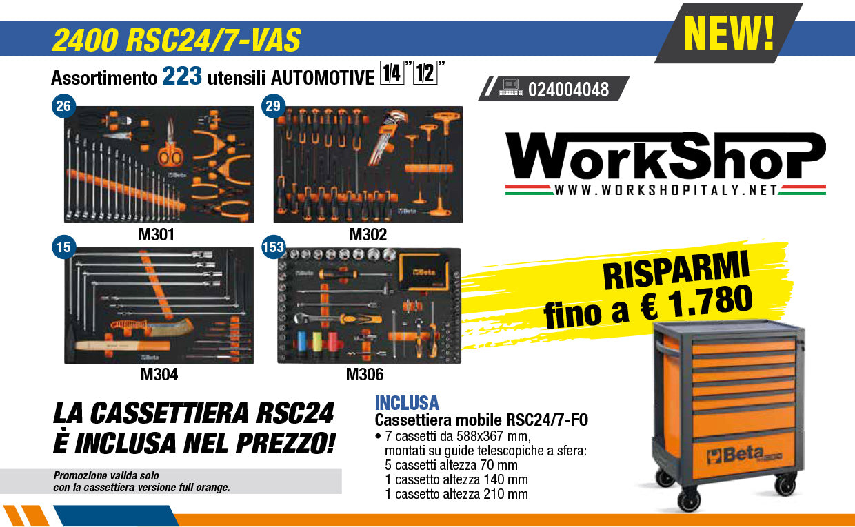 Carrello Beta RSC24 7 cassetti Full Orange completo di 223 utensili per Automotive 2400 RSC24/7-VAS