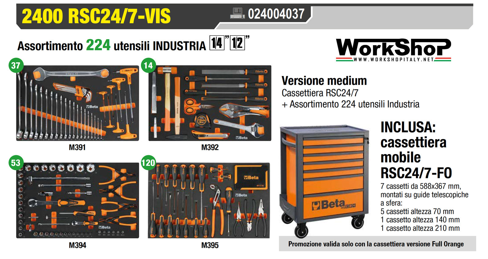 Carrello Beta RSC24 7 cassetti completo di 224 utensili Industria 2400 RSC24/7-VIS