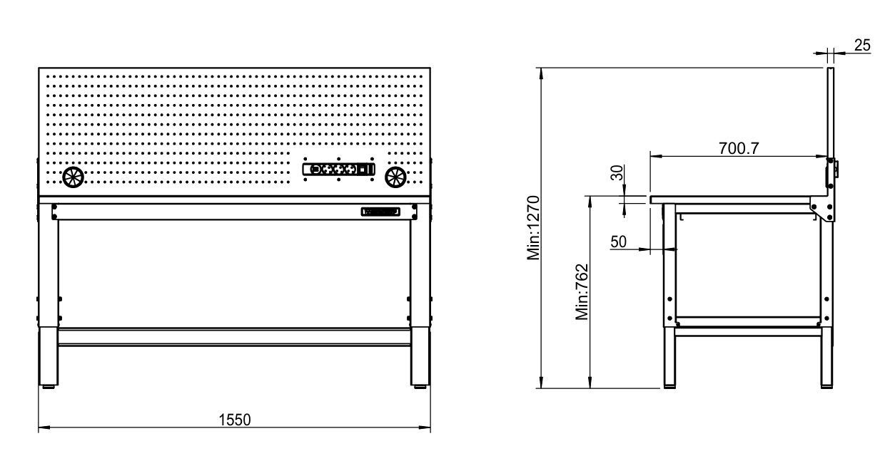 Banco da lavoro piano legno Workshopitaly 1550 x 725 mm altezza regolabile 759/1064mm con pannello forato