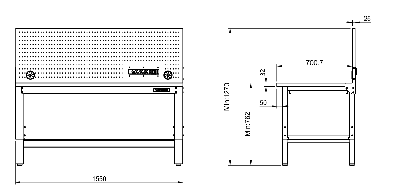 Banco da lavoro piano inox Workshopitaly 1550 x 725 mm altezza regolabile 759/1064mm con pannello forato