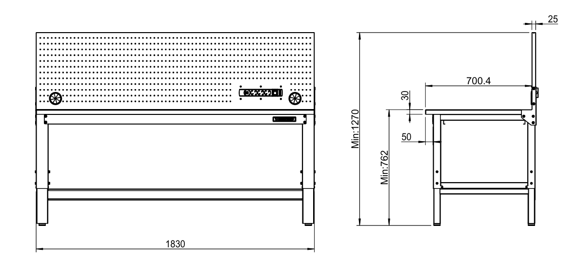 Banco da lavoro piano legno Workshopitaly 1830 x 725 mm altezza regolabile 759/1064mm con pannello forato