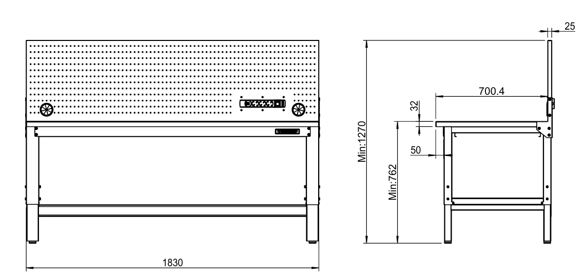 Banco da lavoro piano inox Workshopitaly 1830 x 725 mm altezza regolabile 759/1064mm con pannello forato