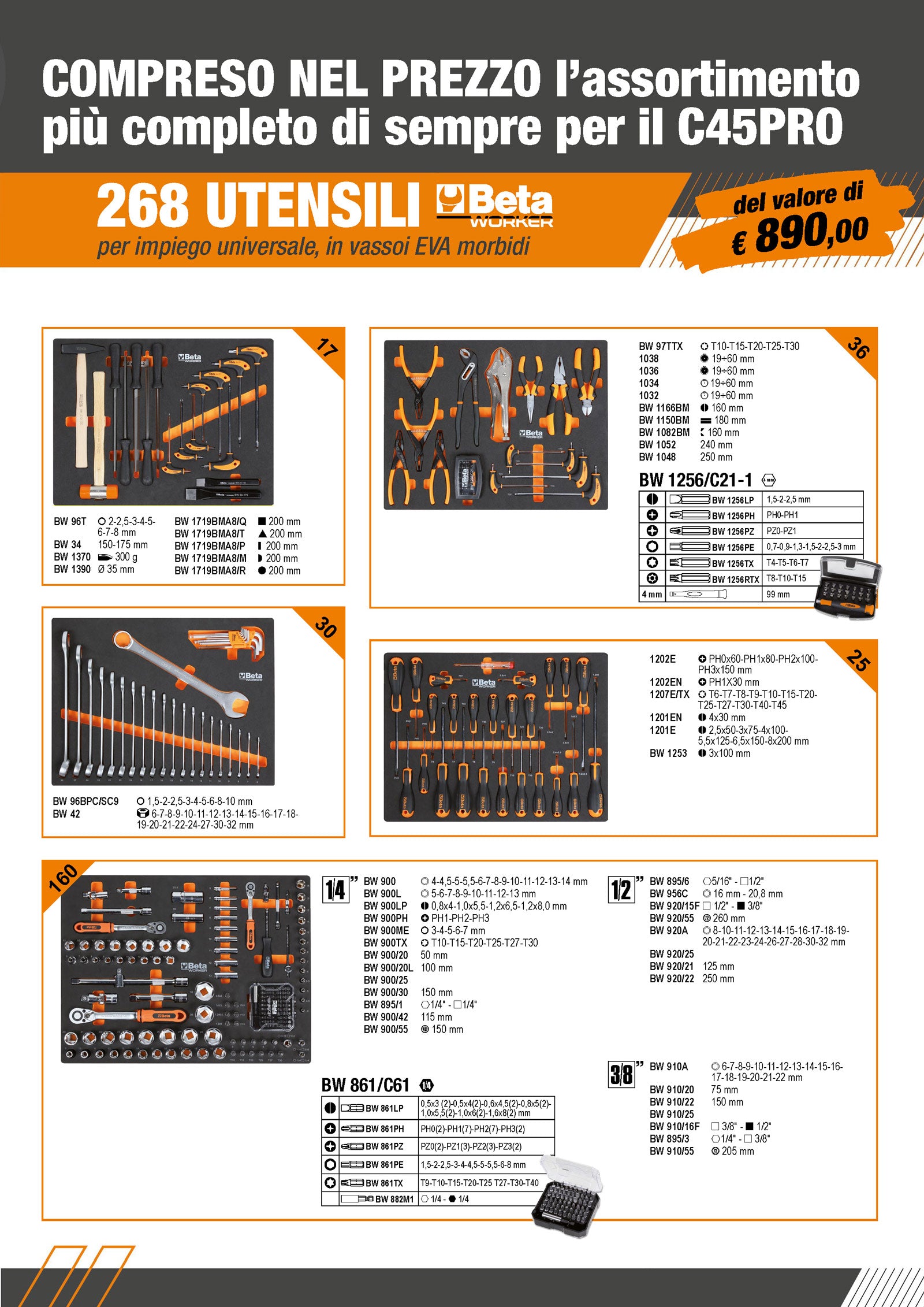 Arredo Officina Beta Utensili C45PRO X piano inox completo di set 268 utensili + TAPPETO BETA OMAGGIO