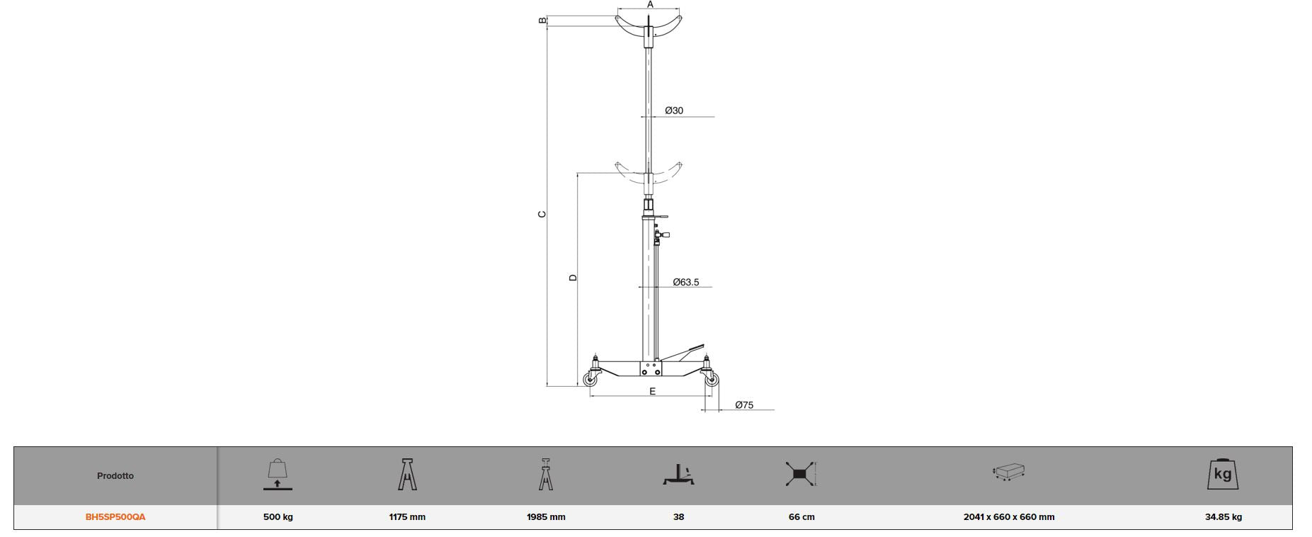 Sollevatore idraulico pistone singolo, capacità 500 kg  BH5SP500QA Bahco