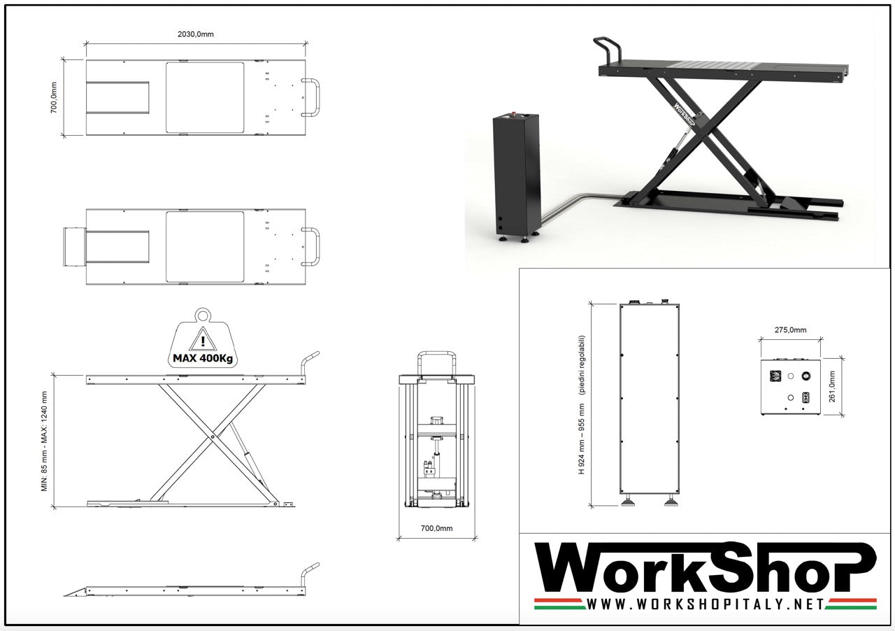 Ponte sollevatore MOTO ribassato 80mm portata 400kg elettroidraulico Workshopitaly Total Black