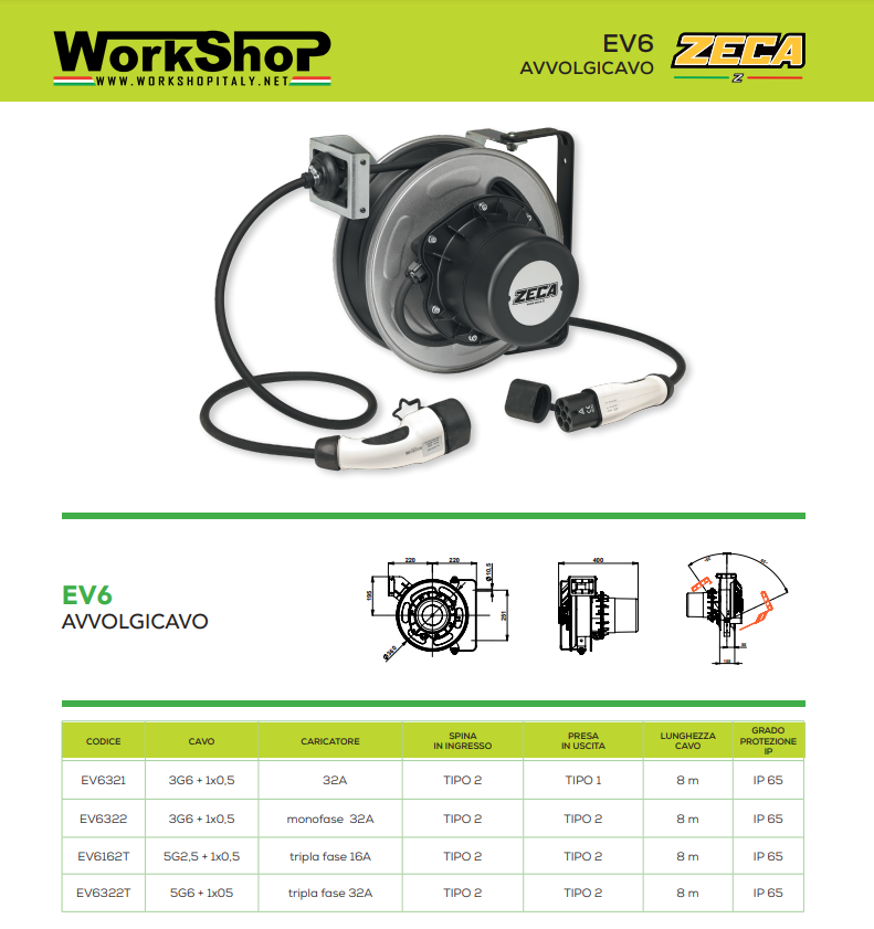 Avvolgitore ricarica auto elettriche Zeca Serie EV6